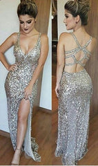 Deep V-Neck Open Back Split Floor Length Beading Prom Dress, Silver Sequins Prom Dresses, Sexy Backless Prom Dresses,PD45794