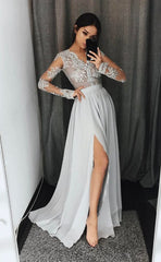 Gray A-Line long sleeve lace prom dress,gray evening dresses,PD4558912