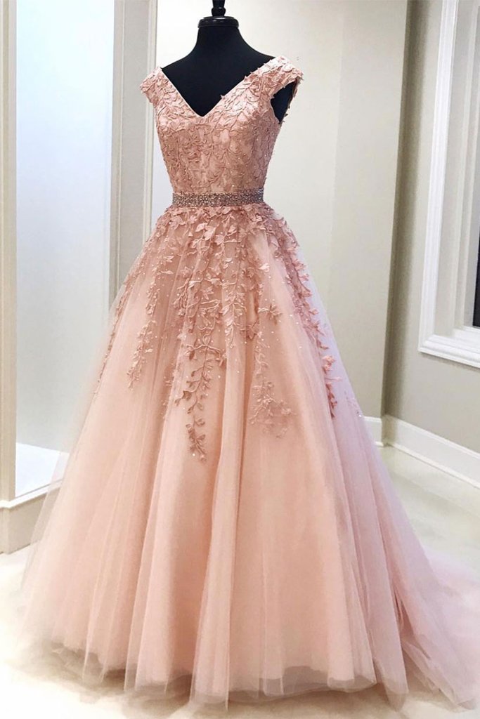 pink tulle with lace appliques formal A-line princess ball gown,HO130