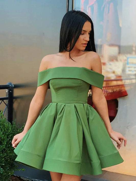 Simple green off shoulder satin short prom dress green homecoming dress,BD22220