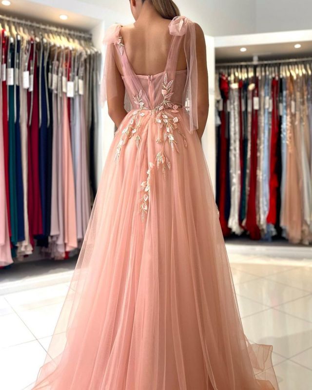 Princess Tulle Coral Pink Split Appliques Lace A-Line Prom Dresses,BD22190