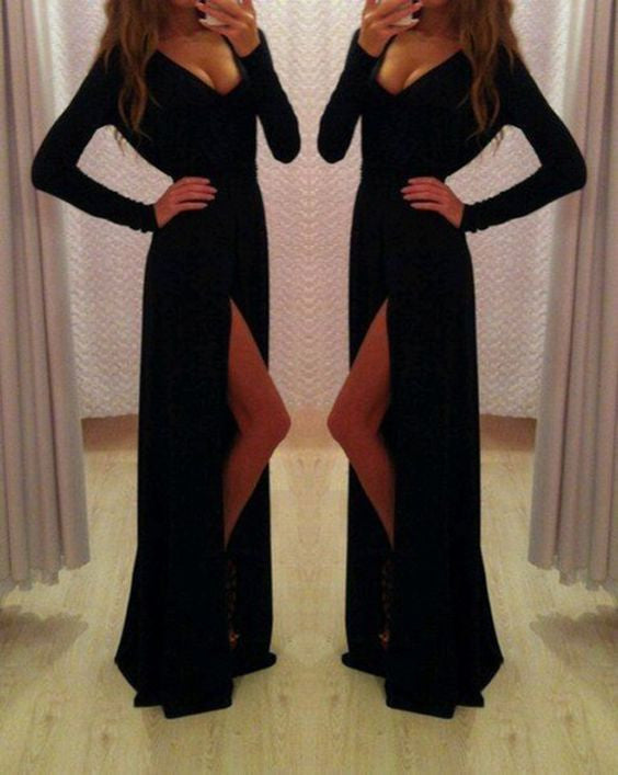 black Prom Dresses, long sleeves prom dress, side slit prom Dress,long prom dress,evening dress,BD1987