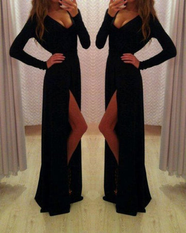 black Prom Dresses, long sleeves prom dress, side slit prom Dress,long prom dress,evening dress,BD1987