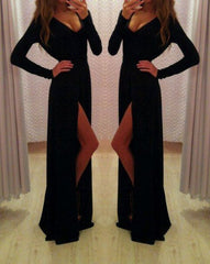 black Prom Dresses, long sleeves prom dress, side slit prom Dress,long prom dress,evening dress,BD1987