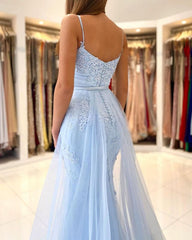 Spaghetti-Straps Lace Mermaid Long Evening Prom Dress Sky Blue,BD22196