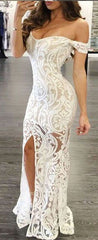 White Prom Dress - Sheath Off-the-Shoulder Long Lace with Split,BD49512