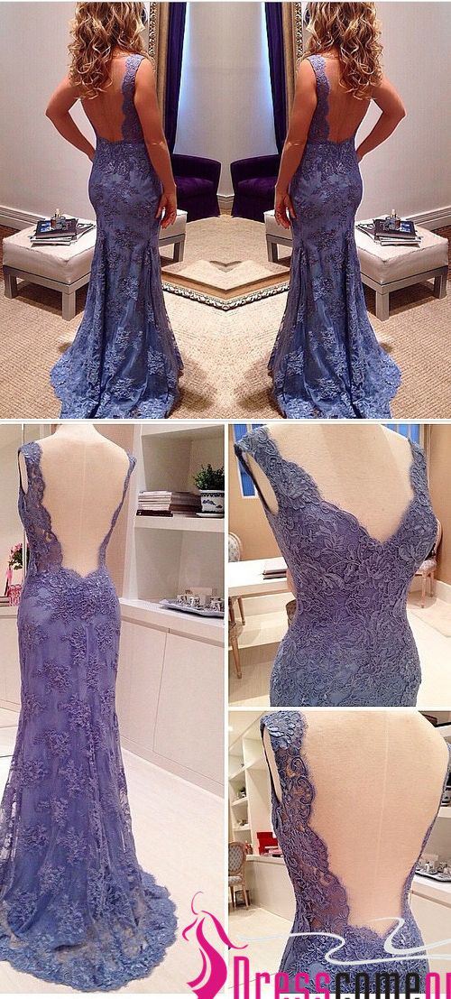 Custom Mermaid V neck Sleeveless Open Back Blue Lace Prom Gowns Evening Dress,Backless Long Prom Dresses,BD450212