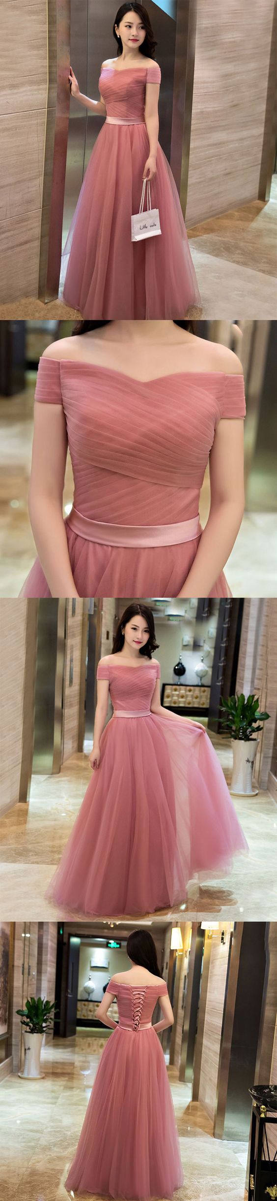 Little Cute | Elegant pink A line off shoulder tulle long prom dress, evening dress | Online Store Powered by Storenvy,PD45793