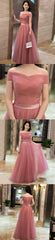 Little Cute | Elegant pink A line off shoulder tulle long prom dress, evening dress | Online Store Powered by Storenvy,PD45793