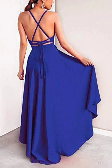 Sexy V Neck Asymmetrical Blue High Low Criss Cross Prom Dresses Evening Dresses,BD22015