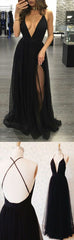 Black Prom Dresses Long, A-line Party Dresses V-neck, Tulle Backless Formal Evening Dresses Sexy,BD16549