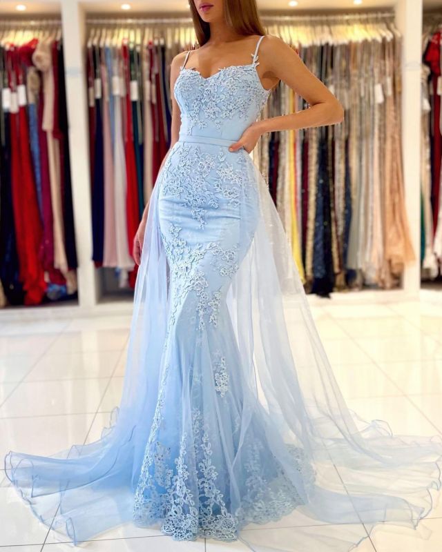 Spaghetti-Straps Lace Mermaid Long Evening Prom Dress Sky Blue,BD22196