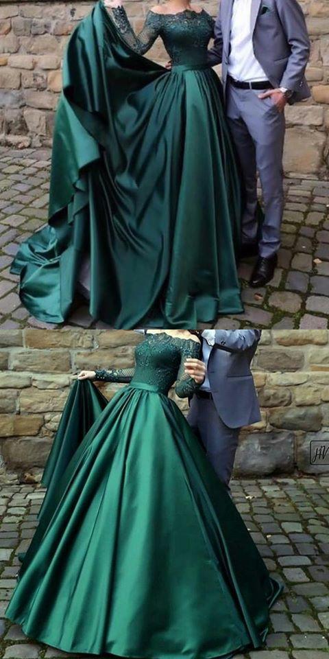 floor length dark green off shoulder A-line long sleeves formal prom dress,BO73