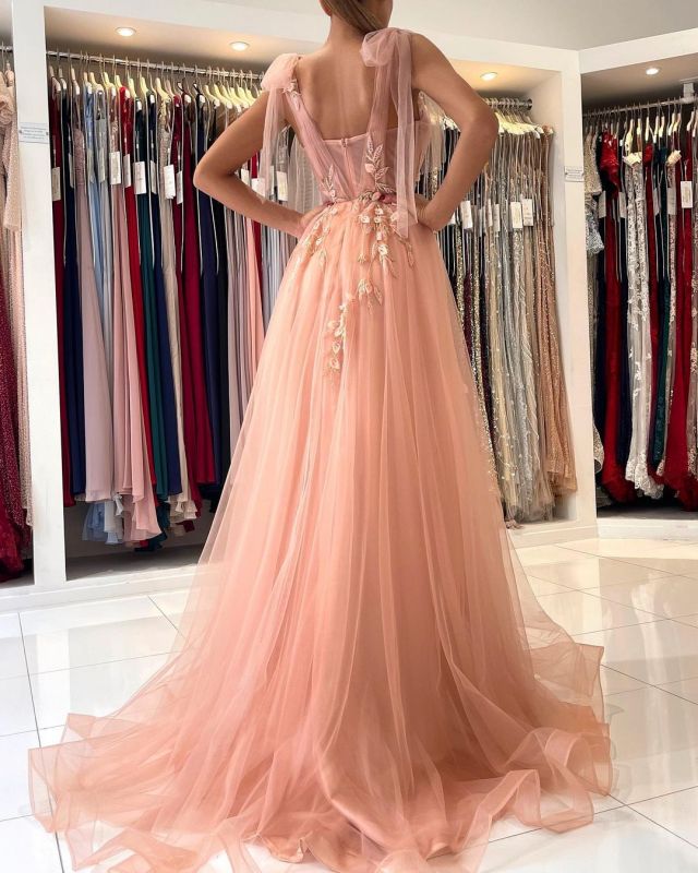 Princess Tulle Coral Pink Split Appliques Lace A-Line Prom Dresses,BD22190