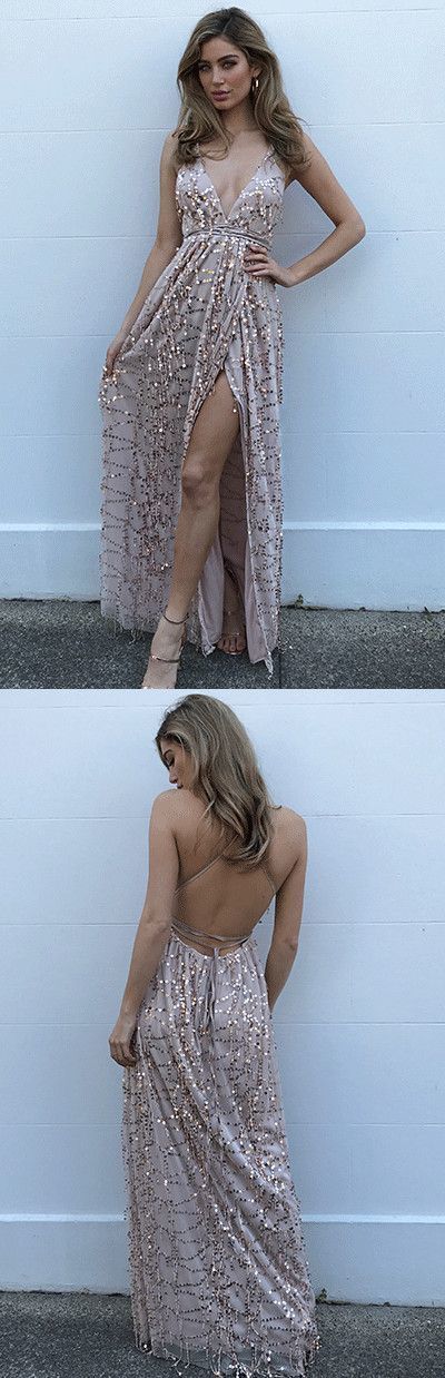 backless Prom Dresses,sexy Prom Dress with side slit,spaghetti straps Prom Dress,chic Prom Dress,BD2705