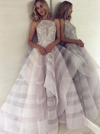 A-Line Scoop Tulle Sparkly Beading Ball Gown Asymmetrical Backless Prom Dresses,BD22049