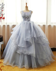 Gray round neck lace tulle long prom dresses, ball gown,072509