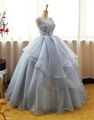 Gray round neck lace tulle long prom dresses, ball gown,072509