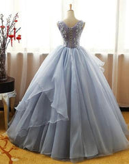 Gray round neck lace tulle long prom dresses, ball gown,072509