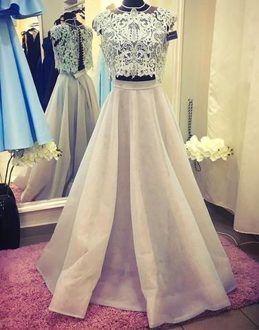 Gray lace two pieces long prom dress, evening dress