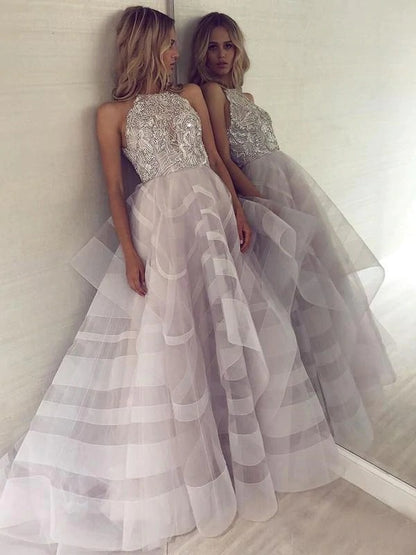 A-Line Scoop Tulle Sparkly Beading Ball Gown Asymmetrical Backless Prom Dresses,BD22049