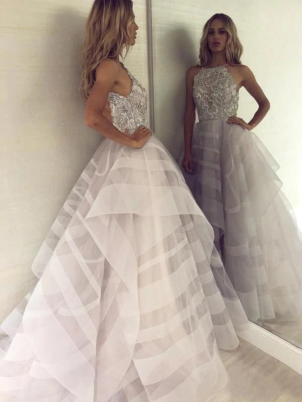 A-Line Scoop Tulle Sparkly Beading Ball Gown Asymmetrical Backless Prom Dresses,BD22049