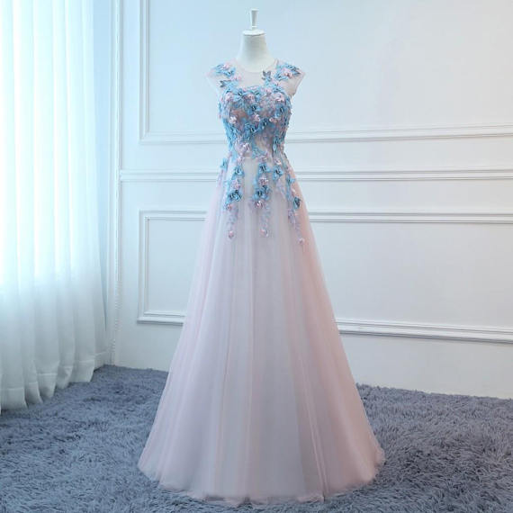 Long Pink&Blue Butterfly Evening Dress Floral Tulle Dress Women Formal Party Gown  BD98015