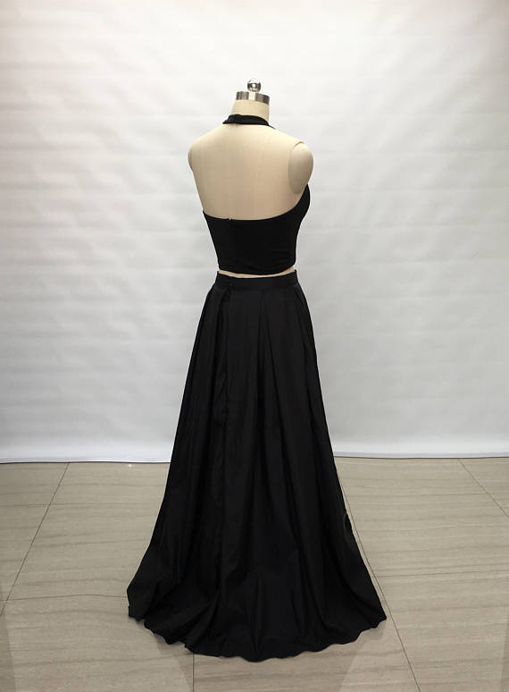 Two Piece Black Spandex Taffeta Long Prom Dress BD98011