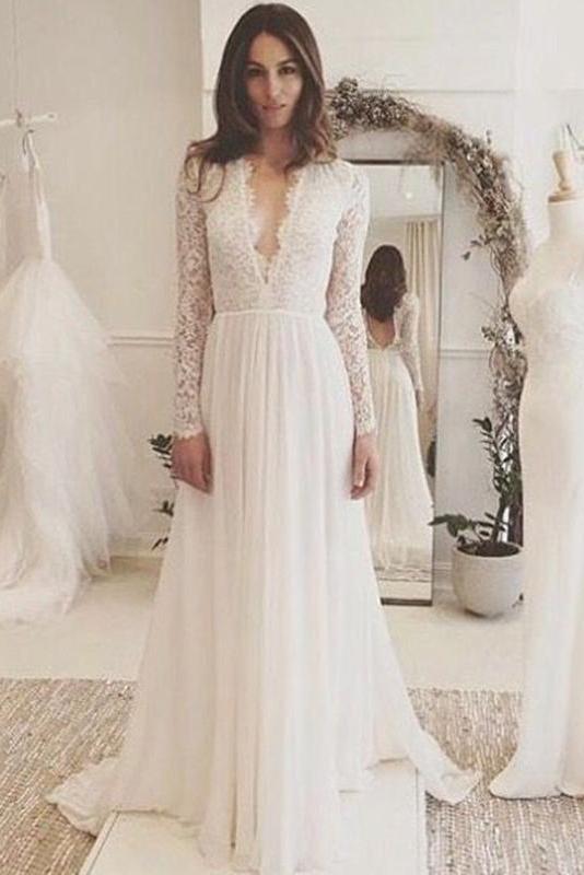 White V Neck Long Sleeve Prom Dress, Elegant Simple Wedding Dress, BO02