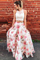 Lace Top Floral Skirt Two Pieces Long Chic Prom Dress, BO17