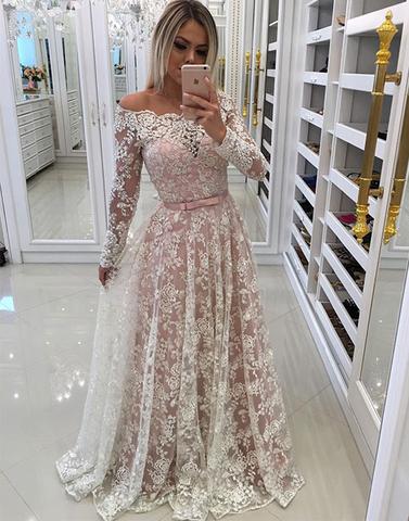 Unique lace long prom dresses, long sleeve evening dresses,BD1115