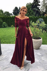 Cheap Off Shoulder Burgundy Mid-Sleeve Side Slit Long Prom Dress, BO16