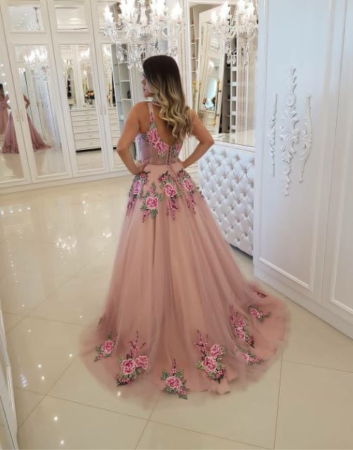 V Neck Appliques Tulle Prom Dress, BH91275