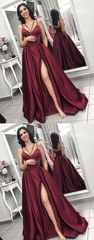 Burgundy V Neck Satin Long Prom Dress,Burgundy Evening Dress,BH91059