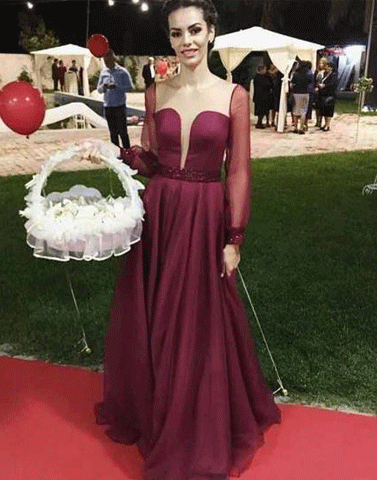 A-Line Round Neck Illusion Jewel Burgundy Beaded Prom Dresses,BH91062