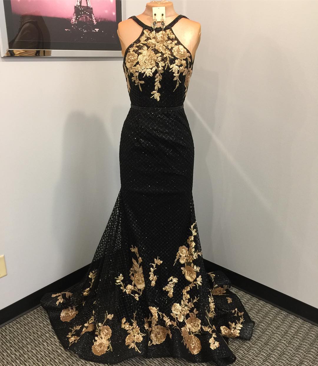 Luxury Black Prom Dress,Halter Neck Mermaid Prom Dress,BH91178