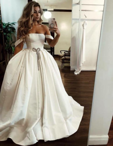 Romantic Off The Shoulder Wedding Dresses, Satin Wedding Dress, BH91280