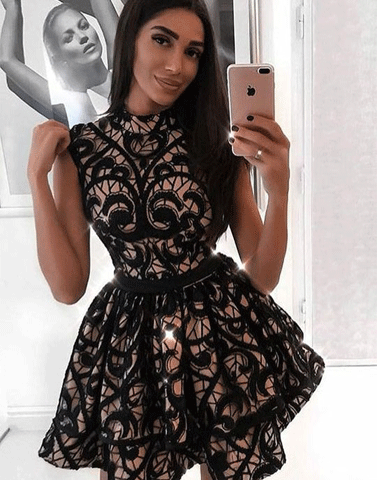 A-Line Jewel Sleeveless Short Black Lace Homecoming Dress,BH91018