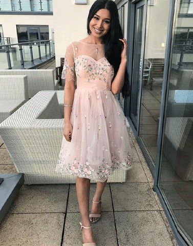 A-Line Bateau Short Sleeves Pink Lace Homecoming Dress,BH91020