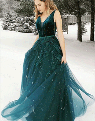 A-Line V-neck Floor-Length Dark Green Prom Dress with Appliques,BH91025