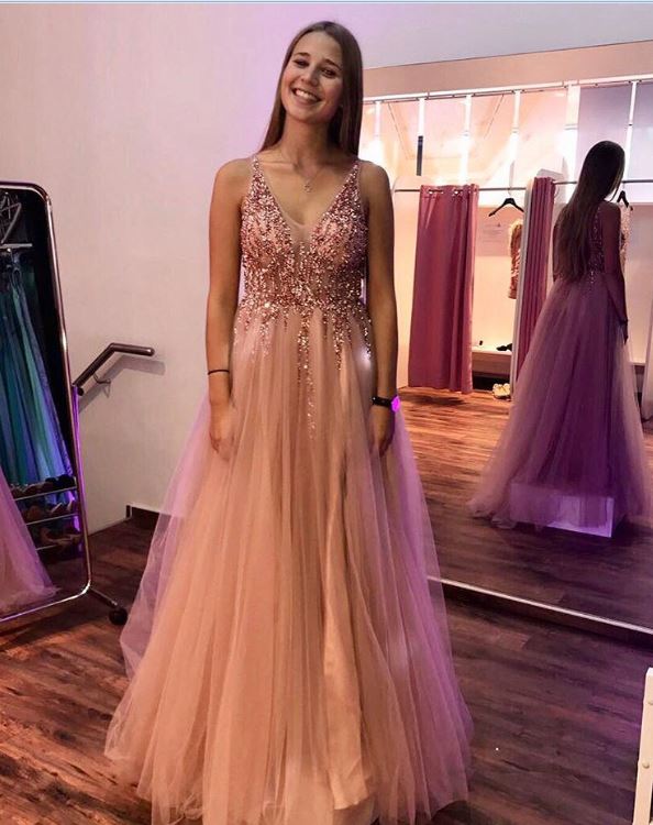 V Neck Sleeveless Tulle Long Prom Dresses with Beading, BH91284