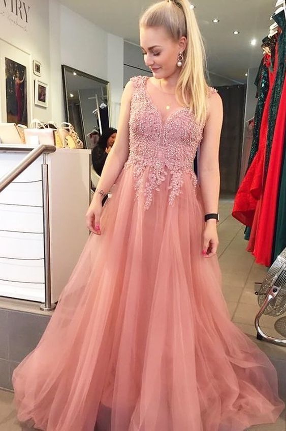 V neck Appliques Prom Dress, Tulle Beaded Long Evening Dress, BH91199