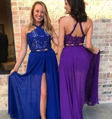 Charming Lace Split Slit Halter Royal Blue/ Purple Prom Dress, BH91200