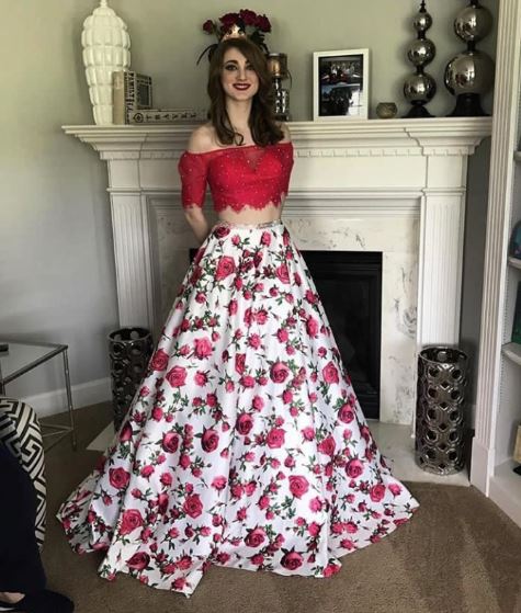 Off the Shoulder Lace Appliqued Two Piece Prom Dresses,BH91161