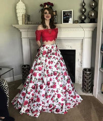 Off the Shoulder Lace Appliqued Two Piece Prom Dresses,BH91161