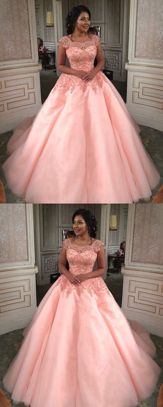 Modest Lace Cap Sleeves Coral Organza Quinceanera Dresses Ball Gowns,BH91079