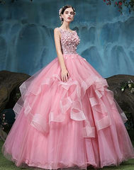 Pink round neck lace tulle long prom dress, sweet 16 dress,072001