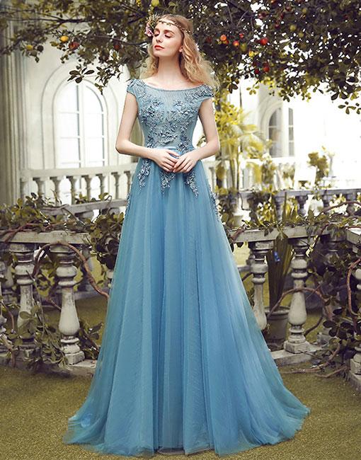 Blue round neck tulle lace long prom dress, blue evening dress BD98010