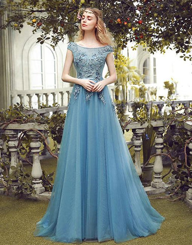 Blue round neck tulle lace long prom dress, blue evening dress BD98010