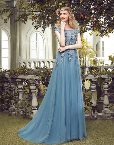 Blue round neck tulle lace long prom dress, blue evening dress BD98010